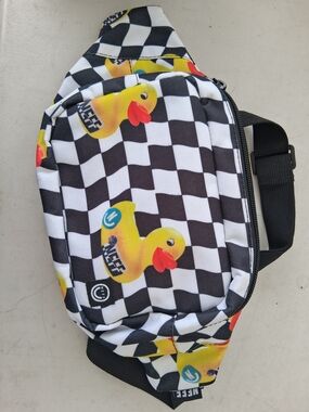 Neff Black-and-White Checkerboard Fanny Pack with Yellow Duck Print